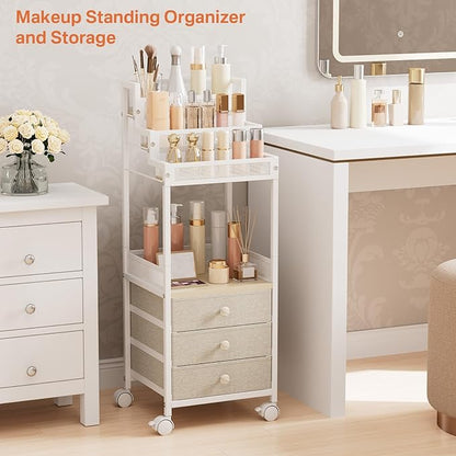 Makeup Cart Organizer with Drawers, Floor Rolling Skincare Vanity Storage Mobile Cosmetic Display Case Stand for Makeup Brushes, Nail Polish, Perfume Organizer for Women Matte White