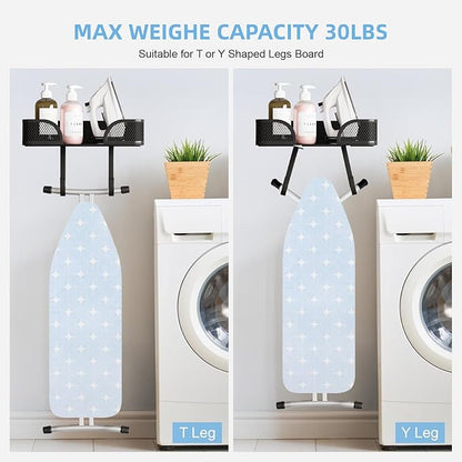 Ironing Board Holder Wall Mount, Ironing Board Hanger, Laundry Room Decor Organization and Storage with Large Storage Grid Base Basket and Hooks(T&V Shaped)