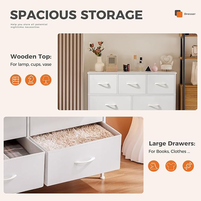 Sweetcrispy 9 Drawer Fabric Dresser Tall Chest Storage Organizer Tower with Cabinet Metal Frame and Wood Top Lightweight Closet Furniture for Bedroom,Cream White
