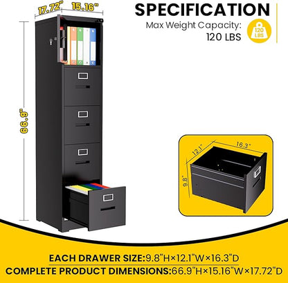 4 Drawer Metal Locking File Cabinet with 1 Door Heavy Duty Lockable Filing Cabinets Home Office Steel File Cabinet Black Vertical File Cabinets for Legal/Letter Size File,Assembly Required