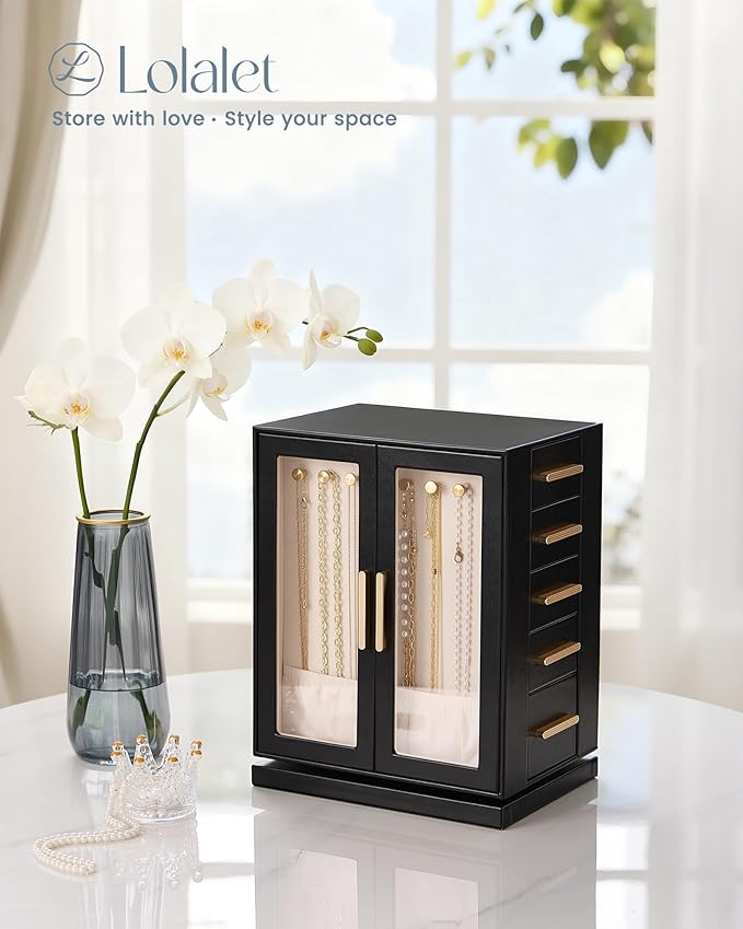 Lolalet Rotating 360° Jewelry Box, Clear Window Jewellery Storage for Earrings Bracelets Necklaces Rings, Large Vertical Organizer for Women, Valentine's Day Gift -Black
