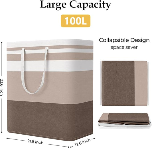 StorageRight Large Collapsible Laundry Basket Hamper with Easy Carry Handles，Freestanding Clothes Hampers for Laundry, Bedroom, Dorm, Towels, Toys, 100L, Khaki