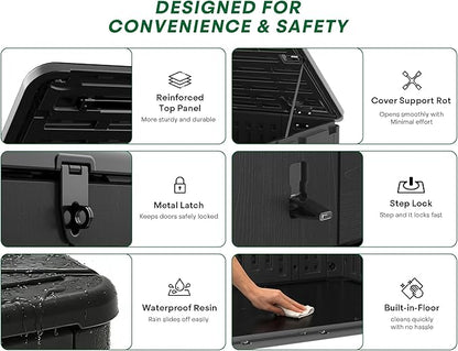 30 Cu.Ft Outdoor Storage Shed, Multi-Purpose Weather-Resistant Utility Shed for Garbage Cans, Lawn Mower, Garden Tools, Waterproof Resin Horizontal Cabinet with Pad-Lockable Doors (Black)