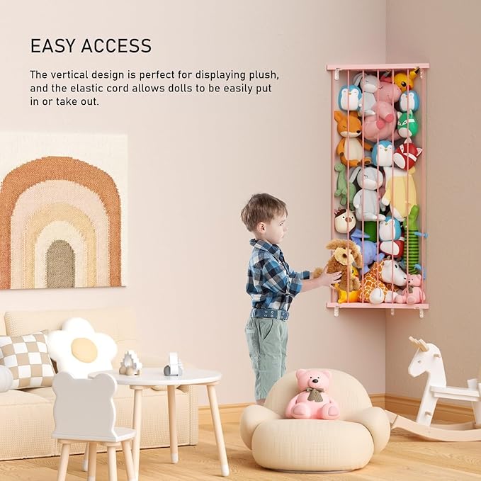 Corner Stuffed Animal Storage Net - 2-in-1 Large Stuffed Animals Holder with Light - Plush Organizer Hanging Stuffed Animal Hammock for Wall (Pink)