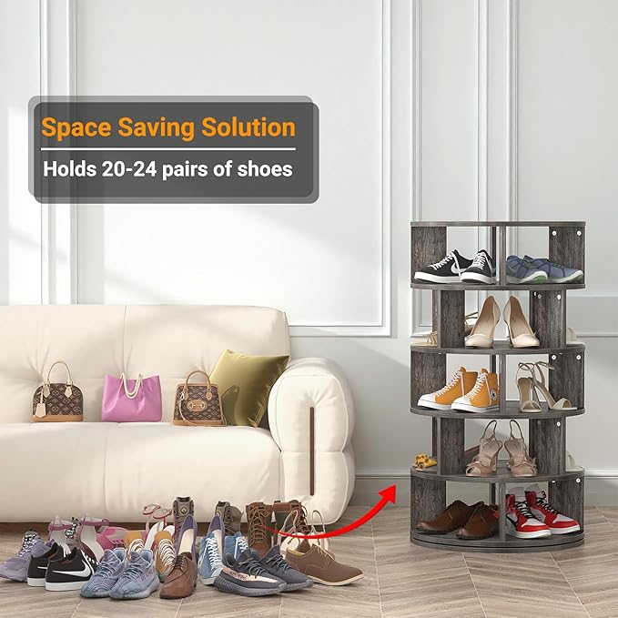 Aheaplus Rotating Shoe Rack, 5-Tier Wood Shoe Organizer for Closet, 360° Spinning Shoe Rack Tower Space-Saving Shoe Storage Shelf for Entryway, Garage, Bedroom, Grey Oak