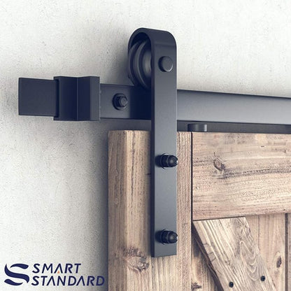 SMARTSTANDARD 9 Feet Heavy Duty Sturdy Sliding Barn Door Hardware Kit-Smoothly and Quietly-Includes Detailed Installation Fit 54" Wide Doorpanel (J Shape Hanger) Black