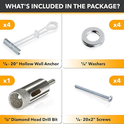 CondoMounts MSK9002 Tiled Wall TV Mounting Kit | Granite | Marble | NO Stud Wall | Grab Bar | Home Accessories Mount | Holds 90lbs | Includes 4 Elephant Anchor Set & 1-Diamond Drill Bit
