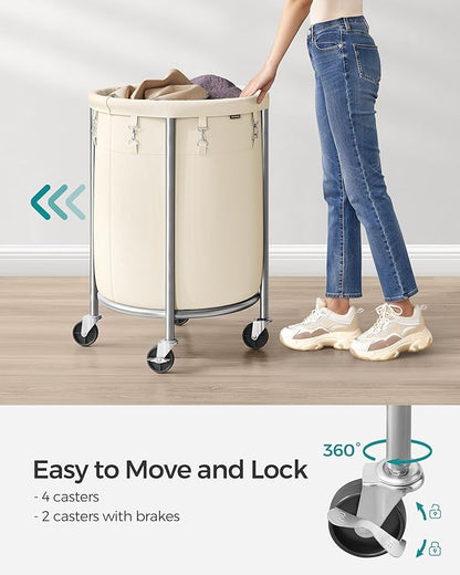 SONGMICS 29-Gallon (110 L) Laundry Basket with Wheels, Rolling Round Heavy-Duty Laundry Hamper Cart with Steel Frame and Removable Bag, 2 Locking Wheels, Cream White and Metallic Silver URLS002W01