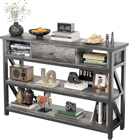 Mexin 39 Inch Console Sofa Table with Drawer, Entryway Table with Storage Shelves, Industrial Wood Hallway Table for Living Room, Couch, Foyer, Kitchen Counter, Grey Oak