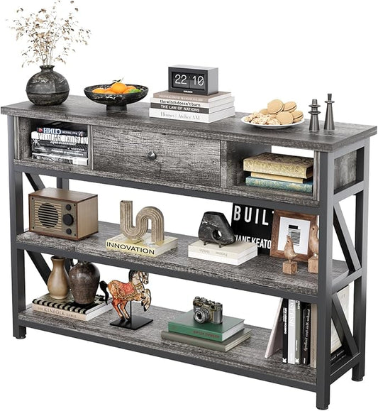 Mexin 39 Inch Console Sofa Table with Drawer, Entryway Table with Storage Shelves, Industrial Wood Hallway Table for Living Room, Couch, Foyer, Kitchen Counter, Grey Oak