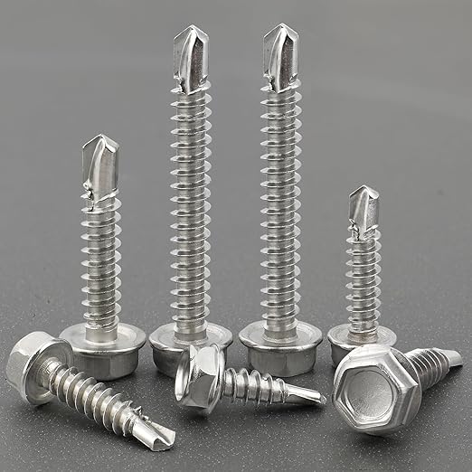 150Pcs Self Drilling Screws Assortment Kit, 410 Stainless Steel Self Tapping Sheet Metal Screws, #8 1/2" 3/4" #10 1" 1-1/2", Hex Washer Head
