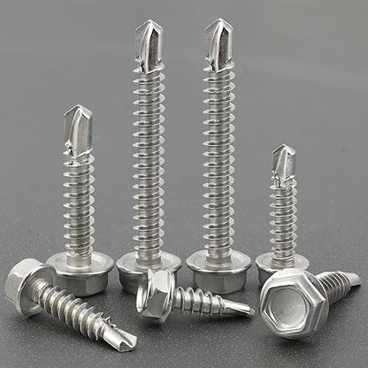 150Pcs Self Drilling Screws Assortment Kit, 410 Stainless Steel Self Tapping Sheet Metal Screws, #8 1/2" 3/4" #10 1" 1-1/2", Hex Washer Head