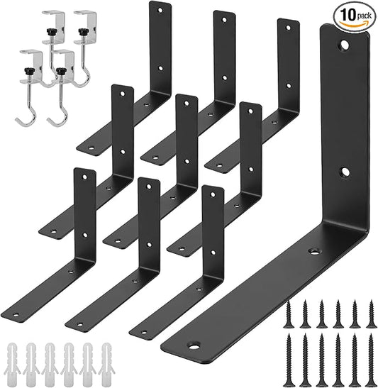 L Floating Shelf Brackets,10 Pack Heavy Duty L Brackets for Shelves, L 8" X H 6" Black Metal Countertop Support Brackets,Wall Mounting for Wood