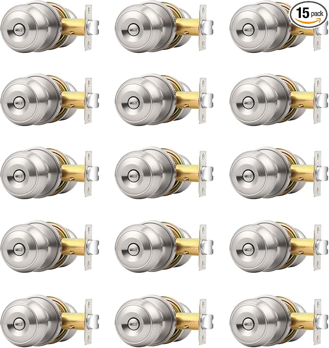 Probrico Brushed Nickel Interior Door Knobs, Privacy Door Knob for Bathroom Bedroom, Stainless Steel Door Knob with Lock for Interior Door, 15 Pack