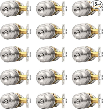 Probrico Brushed Nickel Interior Door Knobs, Privacy Door Knob for Bathroom Bedroom, Stainless Steel Door Knob with Lock for Interior Door, 15 Pack
