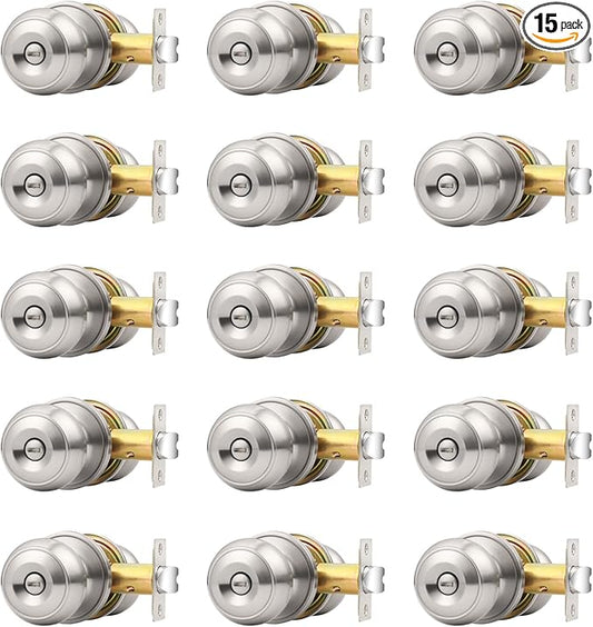 Probrico Brushed Nickel Interior Door Knobs, Privacy Door Knob for Bathroom Bedroom, Stainless Steel Door Knob with Lock for Interior Door, 15 Pack