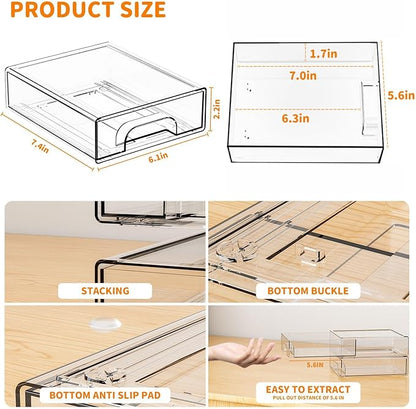 Yieach 2.2'' Tall Small Clear Stackable Storage Drawers,6 Pack Stacking Acrylic Organizers Drawers for Hair Accessories,Makeup,Pen,Art Crafts,Office Supply Organizer and Desktop Plastic Mini Drawers