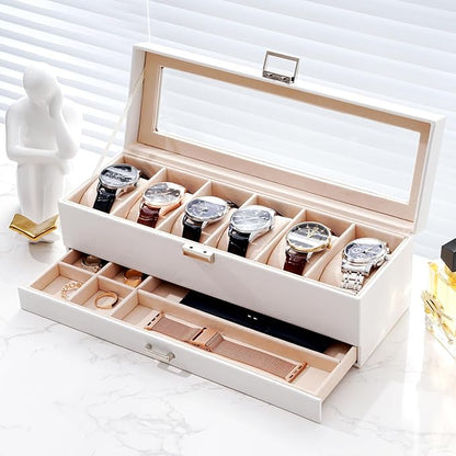 ProCase Watch Box, 6 Slot Watches Display Case with Drawer, Mens Watch Case with Glass Lid, 2-Layer Mens Jewelry Organizer Storage Holder, Birthday Valentine Gifts for Men -6 Slot, White