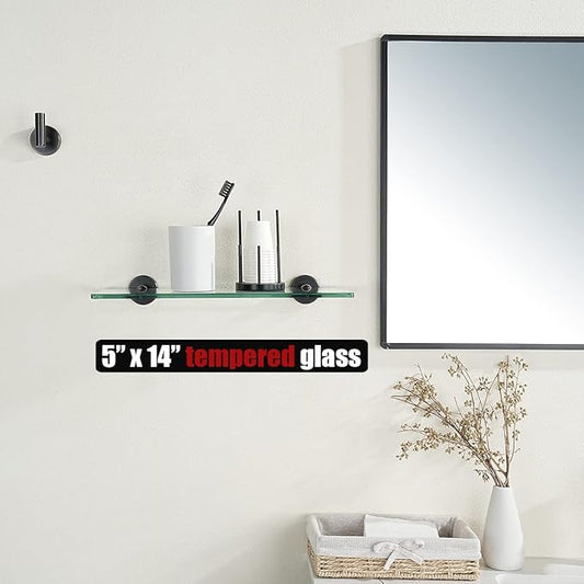 JQK Bathroom Glass Shelf Oil Rubbed Bronze, Tempered Glass Shower Storage 14 by 5 inches, 304 Stainless Steel ORB Wall Mount, TGS101L14-ORB