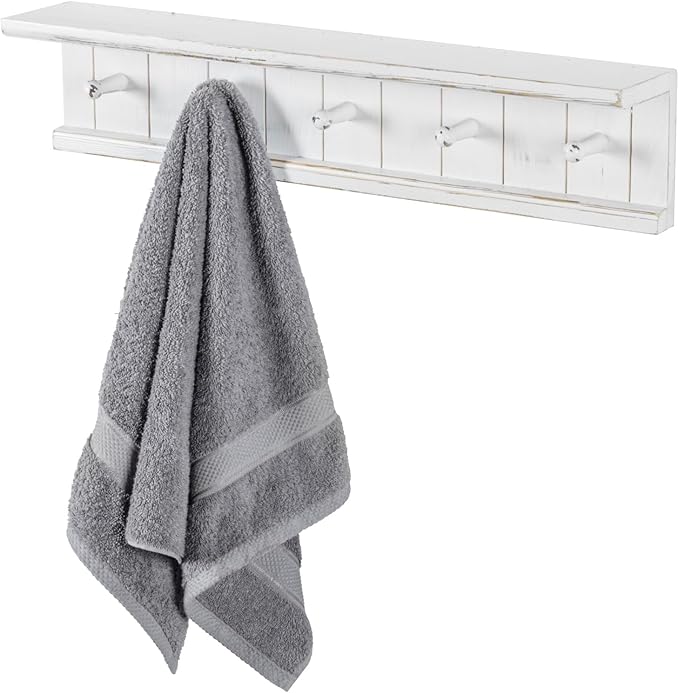 MyGift Wall Mounted 5-Hook Vintage White Wood Floating Bathroom Shelf & Towel Rack