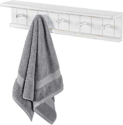 MyGift Wall Mounted 5-Hook Vintage White Wood Floating Bathroom Shelf & Towel Rack
