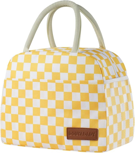 Lunch Bag Women/Men Lunch Box Women/Men (Yellow+White Checkerboard)
