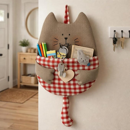 Cute Hanging Wall Storage Bag Cat Room Decor Cat Toy Hanging Organizer with Pocket Cotton Linen over The Door Storage Basket Corduroy and Checkered Pouch for Home Nursery Bathroom Bedroom Kitchen