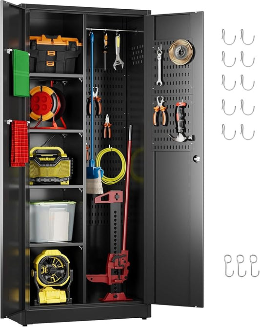 Aobabo Broom Closet Storage Cabinet, Lockable Garage Storage Cabinet for Home Garage, 61.61" H×27.55" W×13.77" D, Assembly Required, Black