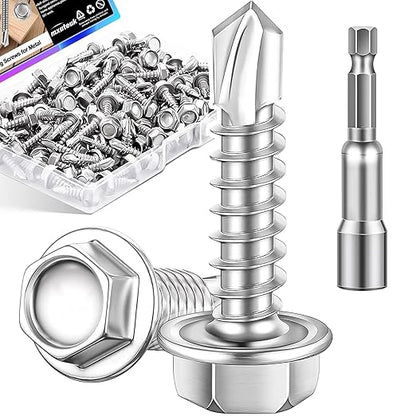 mxuteuk #10×3/4" Self Tapping Screws,410 Stainless Steel Self Tapping Screws for Metal,Self Drilling Screws,Hex Washer Head Sheet Metal Screws Suitable for Wood, Metal or Tough Materials (145PCS)
