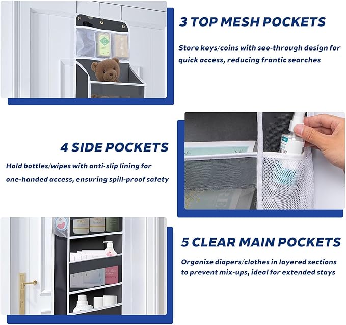 Over The Door Organizer 6 Tier with 12 Pockets & Reinforced Hooks - 59" Hanging Storage Organizer for Bathroom, Nursery, Pantry & Laundry (Deep Grey)
