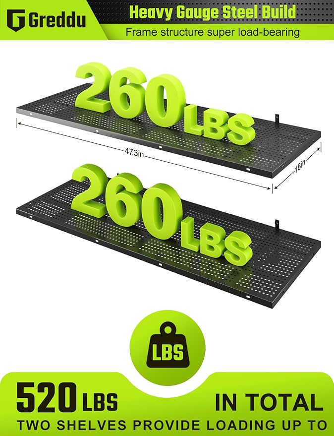 2-Pack 1.5x4ft Heavy Duty Garage Shelving Wall Mounted, 520 Pounds Total Load Capacity, Garage Shelves with Hooks, Black