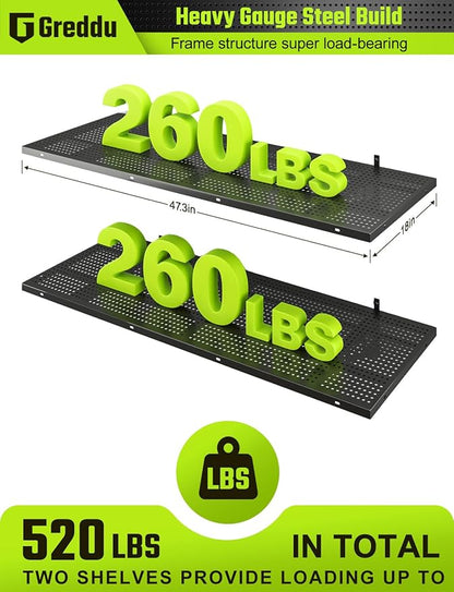 2-Pack 1.5x4ft Heavy Duty Garage Shelving Wall Mounted, 520 Pounds Total Load Capacity, Garage Shelves with Hooks, Black
