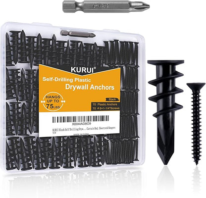 KURUI 140PCs Black Self Drilling Drywall Anchors, #8 Dry Wall Anchors and Flat Head Screws Kit, 70 Anchors + 70 Screws, 75LB Heavy Duty Hanging for Picture Frames Wall Decor Art, Sheetrock Hangers