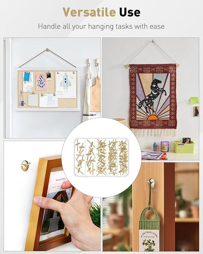 Uniclife 60 Pcs Picture Hangers, Picture Hanging Kit, 4 Size Picture Hanging Hooks, Picture Hanging Nails, Long Picture Hooks for Photo Frame Art Mirror and Décor, Gold