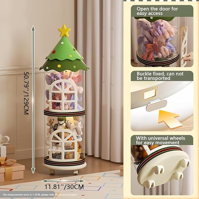 Stuffed Animal Zoo Storage Organizer with Wheels, Large Transparent PET Storage Tube for Plush Toys, 2-Tier Toy Holder for Kids Room