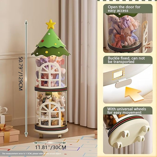 Stuffed Animal Zoo Storage Organizer with Wheels, Large Transparent PET Storage Tube for Plush Toys, 2-Tier Toy Holder for Kids Room