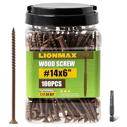 LIONMAX Deck Screws #14 x 6 Inch, 100 PCS, Long Wood Screw, Rust Resistant, Exterior Epoxy Coated for Outdoor Decking, Torx/Star Drive Head, T30 Star Bit Included