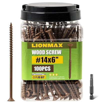 LIONMAX Deck Screws #14 x 6 Inch, 100 PCS, Long Wood Screw, Rust Resistant, Exterior Epoxy Coated for Outdoor Decking, Torx/Star Drive Head, T30 Star Bit Included