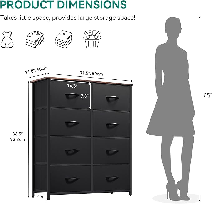 YITAHOME Dresser with 8 Drawers - Fabric Storage Tower, Organizer Unit for Bedroom, Living Room, Hallway, Closets - Sturdy Steel Frame, Wooden Top & Easy Pull Fabric Bins, Burlywood Grain