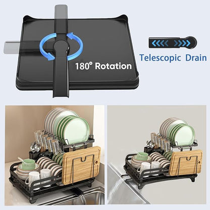 2 Tier Dish Drying Rack Automatic Drainage Board Space-Saving for Kitchen Counter with Cups Holder