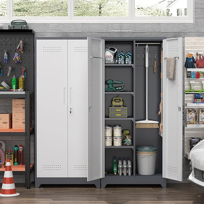 72.8" H Metal Garage Storage Cabinets with Doors and Shelves, Broom Closet Storage Cabinet, Tool Cabinets with Hanging Rod, Cleaning Storage Cabinets for Garage,Bedroom Office Grey&White