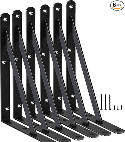 6 Pack L10 x H 8" Black Heavy Duty Shelf Brackets with Screws Metal Shelf Brackets Shelf Support Angle Brackets for Shelves L Brackets Heavy Duty Floating Shelf