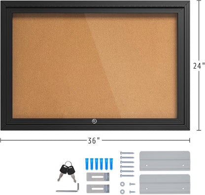 INNOVART Enclosed Bulletin Board 36”x24”, Lockable Cork Noticeboard with Black Aluminum Frame, Outdoor Enclosed Bulletin Board Weatherproof, Wall Display Case with Swing-Open Door Information Cabinet