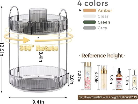 360° Rotating Makeup Organizer, Upgraded 2 Tier Skincare Perfume Organizers for Women, Bathroom Organizer Countertop, Clear Cosmetic Dresser Organizer with Makeup Brush Holder, Sink&Counter(Grey)