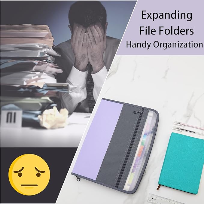 NAFY Accordian File Organizer, 13 Pockets Expanding File Folder with Zipper, A4 Letter Size Portable Accordion Expanding File Folders with Multicolor Labels for Office School Supplies (Black+Purple)