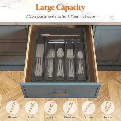 Lifewit Silverware Organizer with Lid, Covered Utensil Tray for Kitchen Drawer and Countertop, Plastic Cutlery and Flatware Storage Box for Spoons Forks Knives Holder Case, 29 x 37cm, Black