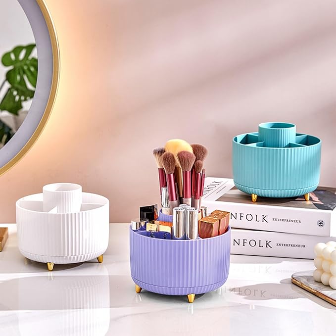 DASITON Large Capacity Makeup Brush Holder,360° Rotating Makeup Organizer,5 Slot Makeup Brushes Cup,for Vanity Decor,Bathroom Countertops,Desk Storage Container,Cosmetic Display cases(Purple)