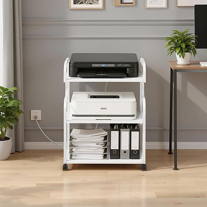 VECELO Large Printer Stand with Power Outlet, 3-Tier Rolling Cart with Lockable Wheels, Heavy Duty Utility Table for Home Office, 18.9"x23.6"x30.2", White