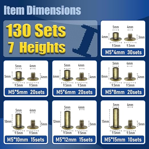 130 Sets Bronze Chicago Screws Leather Rivets Kit, 7 Sizes (M5*4,5,6,8,10,12,15) & 3 Screw Lengths (M4*3,4,5) for Belts, Bookbinding, DIY Leather (Bronze)