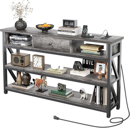 Mexin Console Table with Outlets and USB Ports, Entryway Table with Drawer Storage Shelves, Industrial Wood Hallway Sofa Table for Living Room, Couch, Foyer Table, 47 Inch Grey Oak